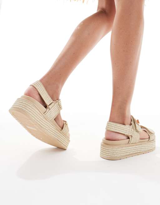 SEQWL – Naturfärgade sandaler i raffiabast med flatform-sula och spänne, 3 av 4