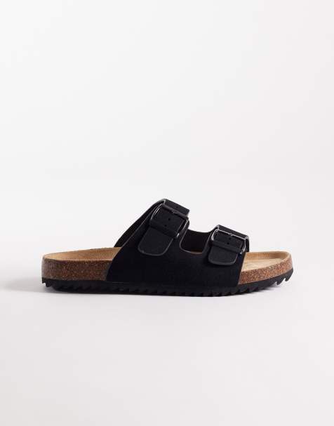 SEQWL Olsen Wide Fit double buckle flat sandals in black - view 1