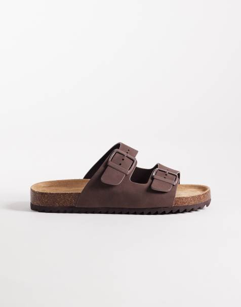 SEQWL Olsen Wide Fit double buckle flat sandals in brown - view 1