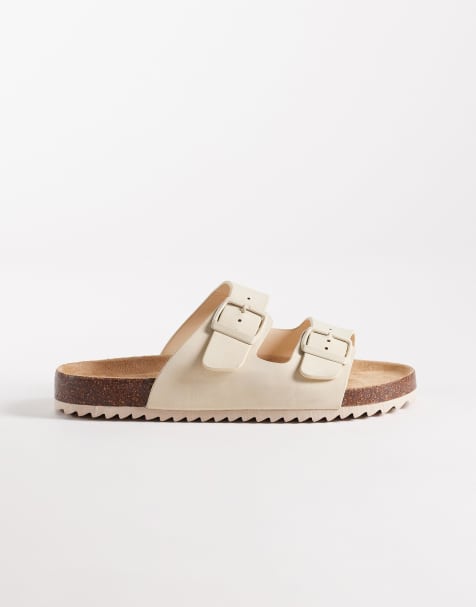 SEQWL Olsen Wide Fit double buckle flat sandals in cream - view 1