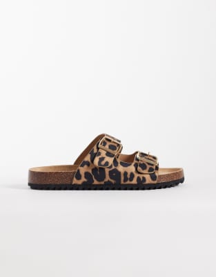 SEQWL Olsen Wide Fit double buckle flat sandals in leopard