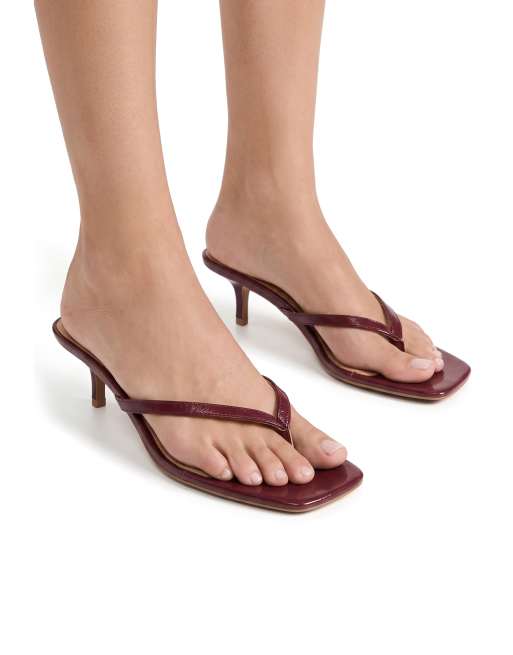 SEQWL Open toe slip-on kitten heel sandals in burgundy, 4 of 5