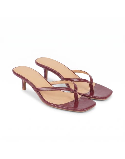 SEQWL Open toe slip-on kitten heel sandals in burgundy, 5 of 5
