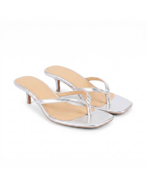 SEQWL Open toe slip-on kitten heel sandals in silver, 5 of 5