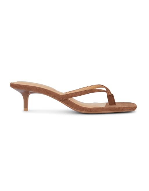SEQWL Open toe slip-on kitten heel sandals in taupe, 3 of 5