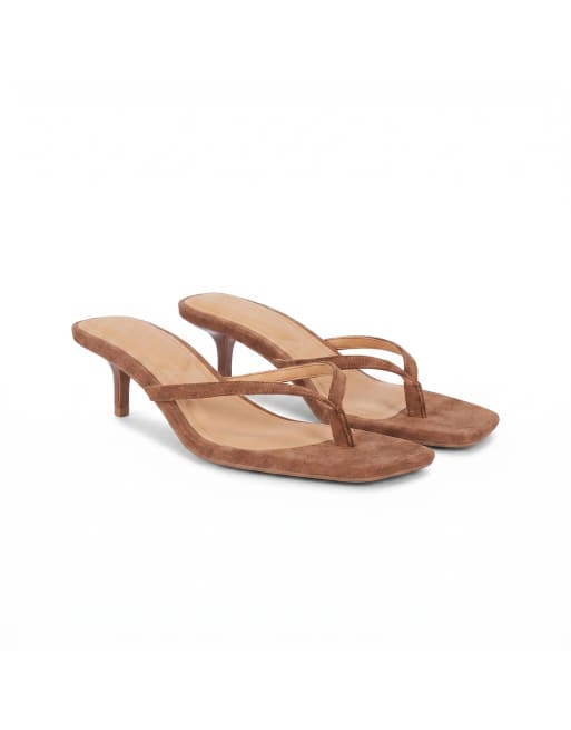 SEQWL Open toe slip-on kitten heel sandals in taupe, 5 of 5