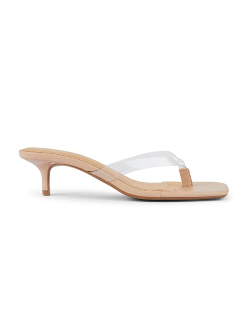 SEQWL Open toe strappy slip-on kitten heel sandals in beige, 3 of 5