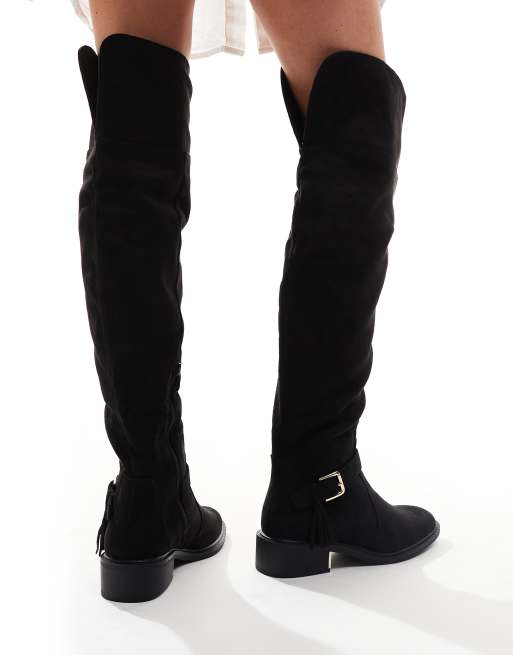 SEQWL Over The Knee Flat Boots with Tassel in Black