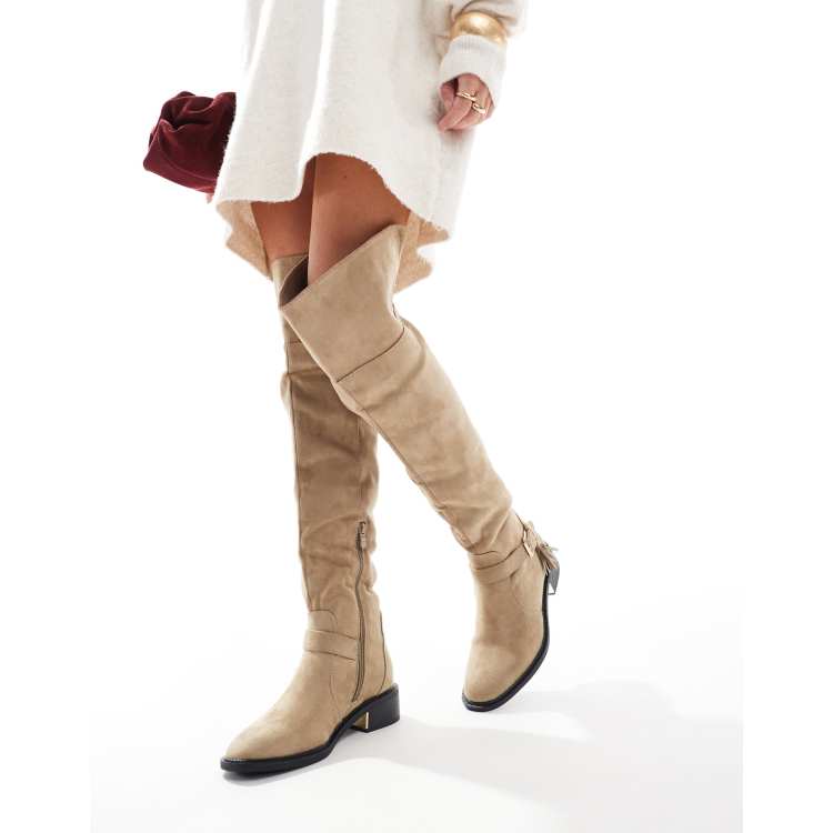 SEQWL over the knee flat boots with tassel in taupe