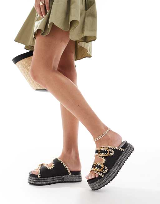 SEQWL Owen double strap flatform sandals in black