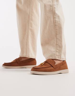  Panther tassel trim loafer in faux suede camel with white sole