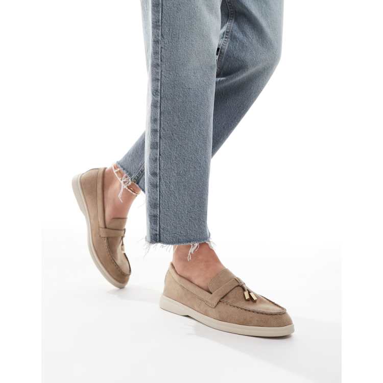 SEQWL Panther tassel trim loafer in faux suede taupe | ASOS