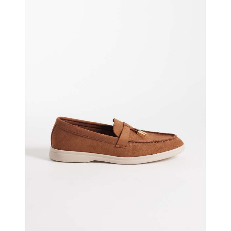 SEQWL Panther tassel trim loafers in faux suede camel with white