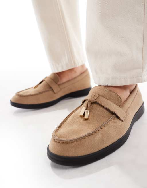 SEQWL Panther tassel trim loafers in faux suede camel ASOS