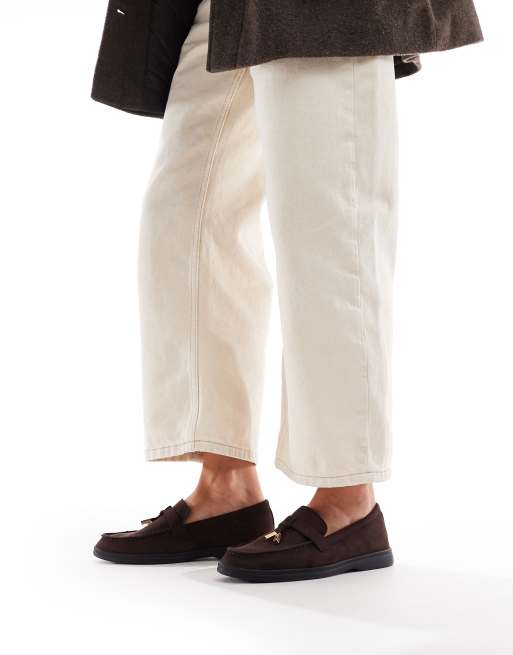 SEQWL Panther tassel trim loafers in faux suede chocolate