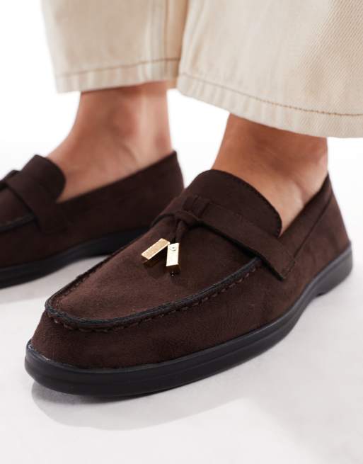 SEQWL Panther tassel trim loafers in faux suede chocolate