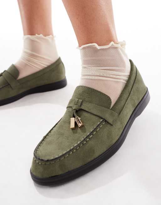 SEQWL Panther tassel trim loafers in faux suede olive