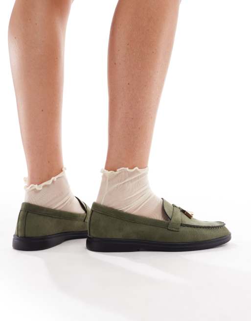 SEQWL Panther tassel trim loafers in faux suede olive