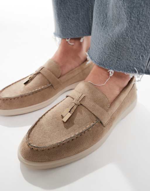 SEQWL Panther tassel trim loafers in faux suede taupe ASOS