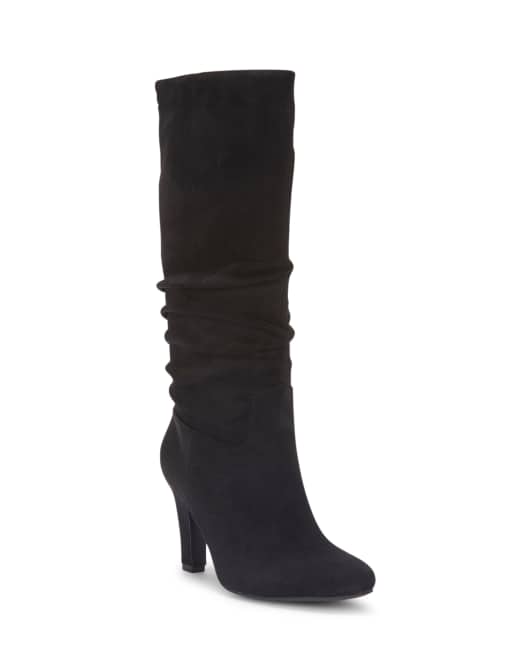 SEQWL Party knee high slouch boots zipped with block high heel in black, 2 of 2