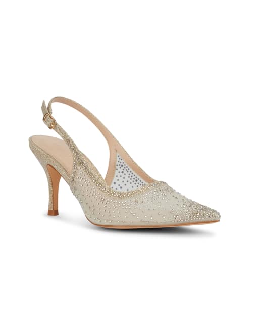 SEQWL Party slingback pumps stiletto heel with rhinestone detail in gold, 3 of 5