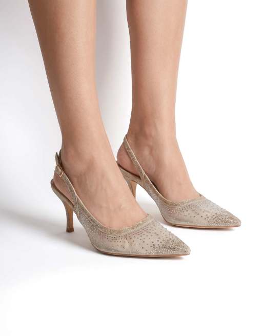 SEQWL Party slingback pumps stiletto heel with rhinestone detail in gold, 4 of 5