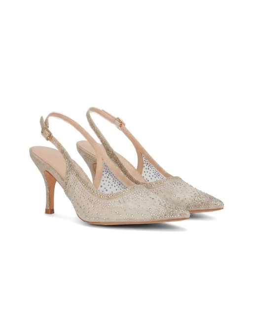 SEQWL Party slingback pumps stiletto heel with rhinestone detail in gold, 5 of 5