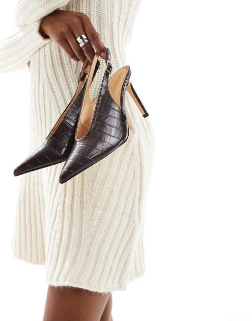 SEQWL - Petunia - Escarpins effet croco à bride arrière et empeigne haute - Chocolat foncé, 4 de 4