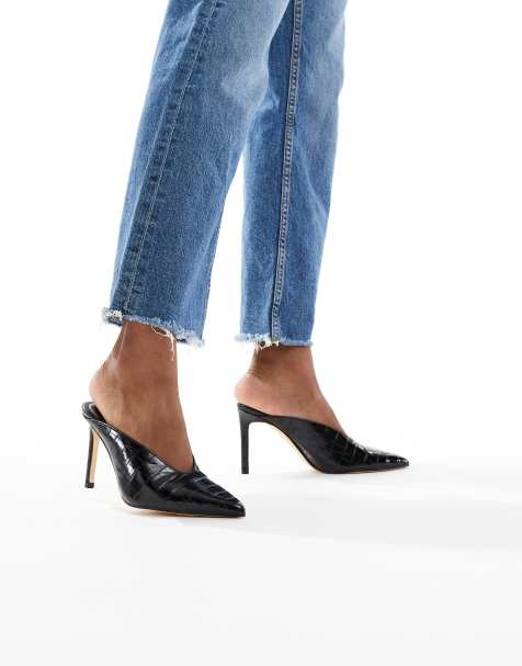 SEQWL Petunia high vamp heeled mules in black croc - view 1