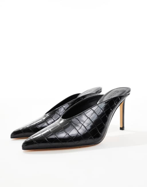 SEQWL Petunia high vamp heeled mules in black croc