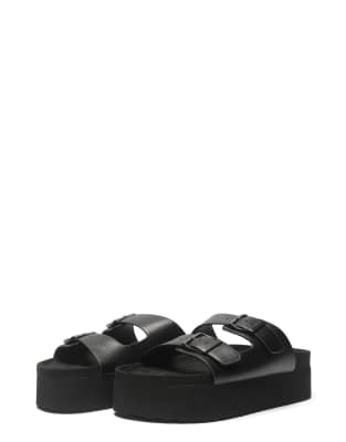 Platform slide sandals with buckle closure 