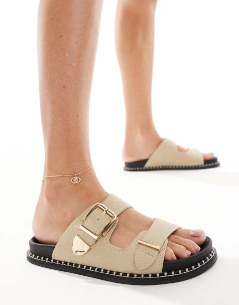 SEQWL - Platte sandalen met contrasterende zool met studs in crème - view 1
