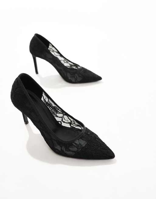 Keith Black Lace Pumps Womens Shoes Black Ribbon Heels With