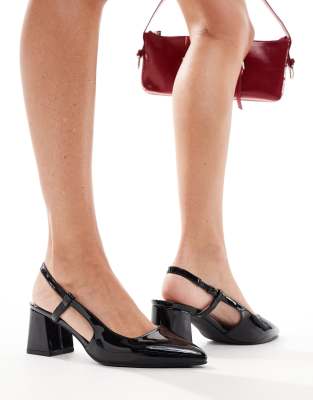 pointed sling back block heeled shoes in black patent