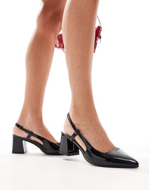 SEQWL pointed sling back block heeled shoes in black patent, 2 of 4