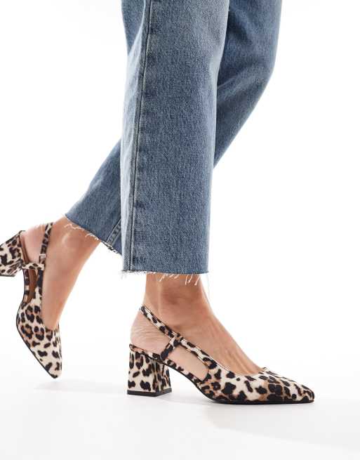 SEQWL pointed slingback block heeled shoes in leopard print ASOS