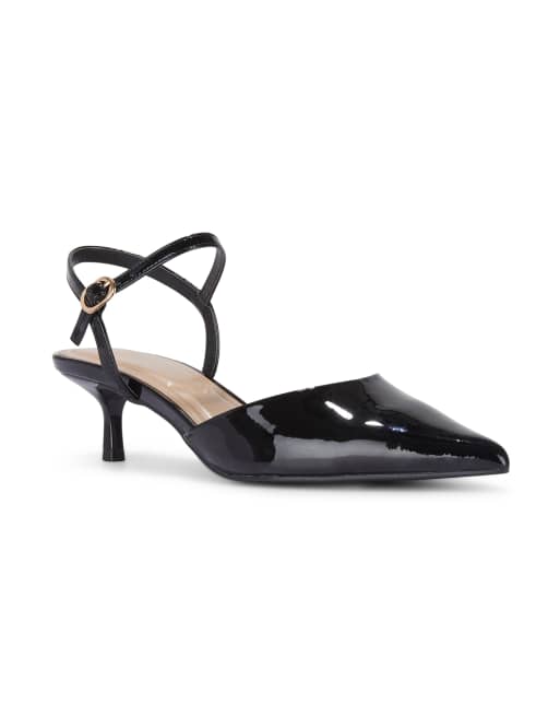 SEQWL Pointed toe kitten heel slingback shoes with buckle detail in black, 3 of 5