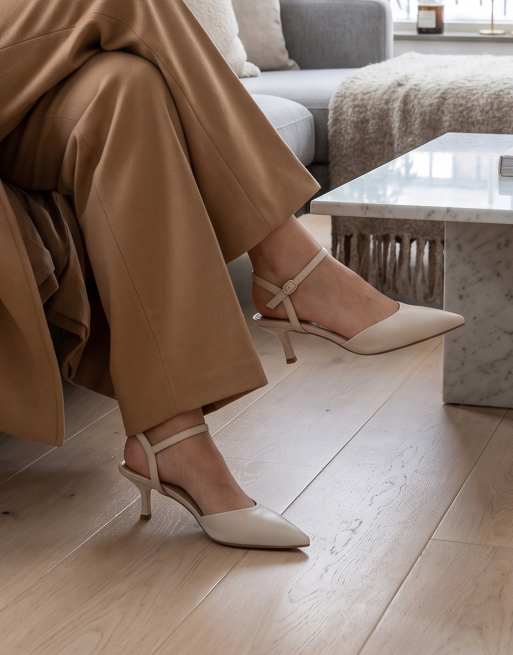 SEQWL Pointed toe kitten heel slingback shoes with buckle detail in cream, 2 of 5