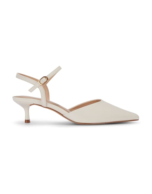 SEQWL Pointed toe kitten heel slingback shoes with buckle detail in cream, 3 of 5