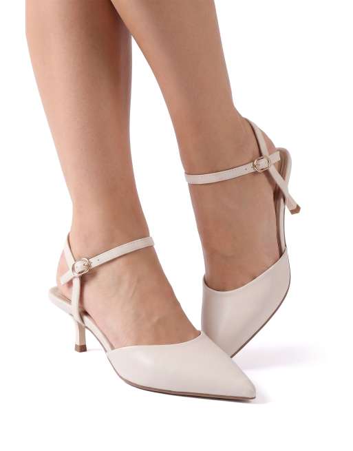 SEQWL Pointed toe kitten heel slingback shoes with buckle detail in cream, 4 of 5