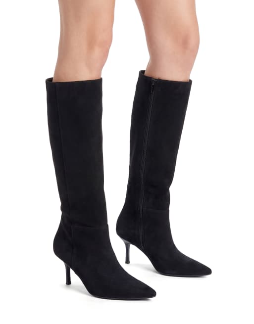SEQWL Pointed toe knee high boots with stiletto high heels in black, 4 of 5