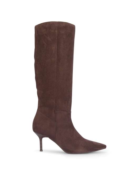 SEQWL Pointed toe knee high boots with stiletto high heels in chocolate, 3 of 5