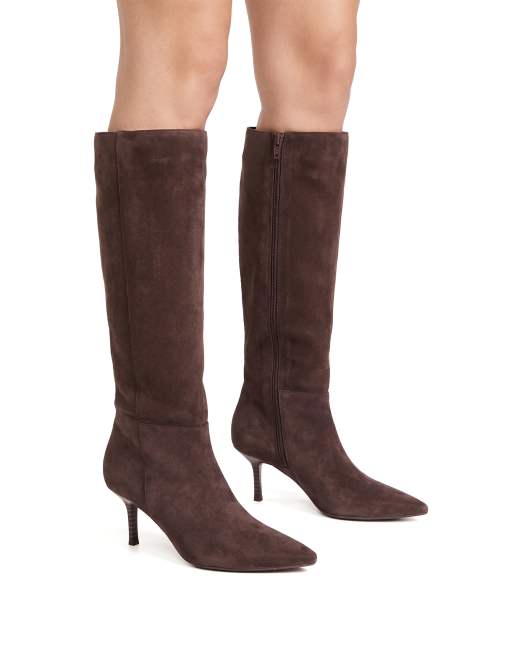 SEQWL Pointed toe knee high boots with stiletto high heels in chocolate, 4 of 5