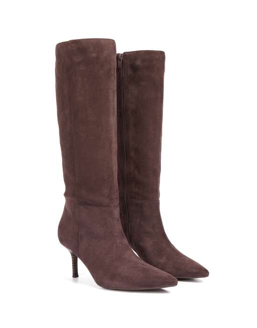 SEQWL Pointed toe knee high boots with stiletto high heels in chocolate, 5 of 5