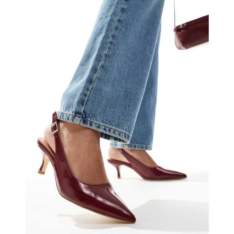 SEQWL pointed toe slingback kitten heel shoes in burgundy | ASOS