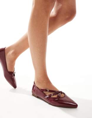 pointed toe strappy ballet flats in burgundy-Red