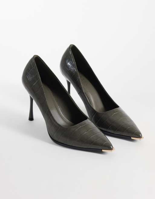 SEQWL pumps with gold detail in olive croc, 4 of 4