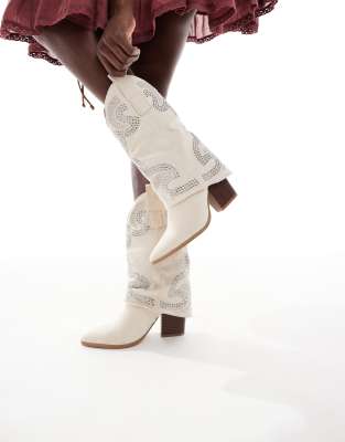 Seqwl Ranch Ruched Detail Western Boots In Neutral