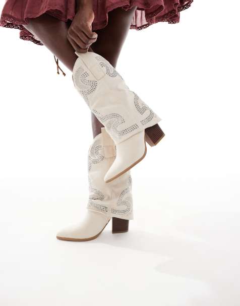 SEQWL RANCH ruched detail western boots in beige suedette - view 1