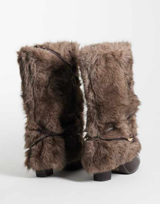 SEQWL Ranger block heeled fur mid ankle boots in brown, 5 of 5